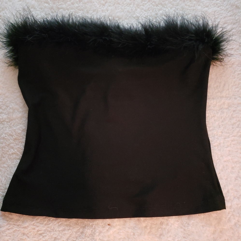 Black with feathery boa trim tube top